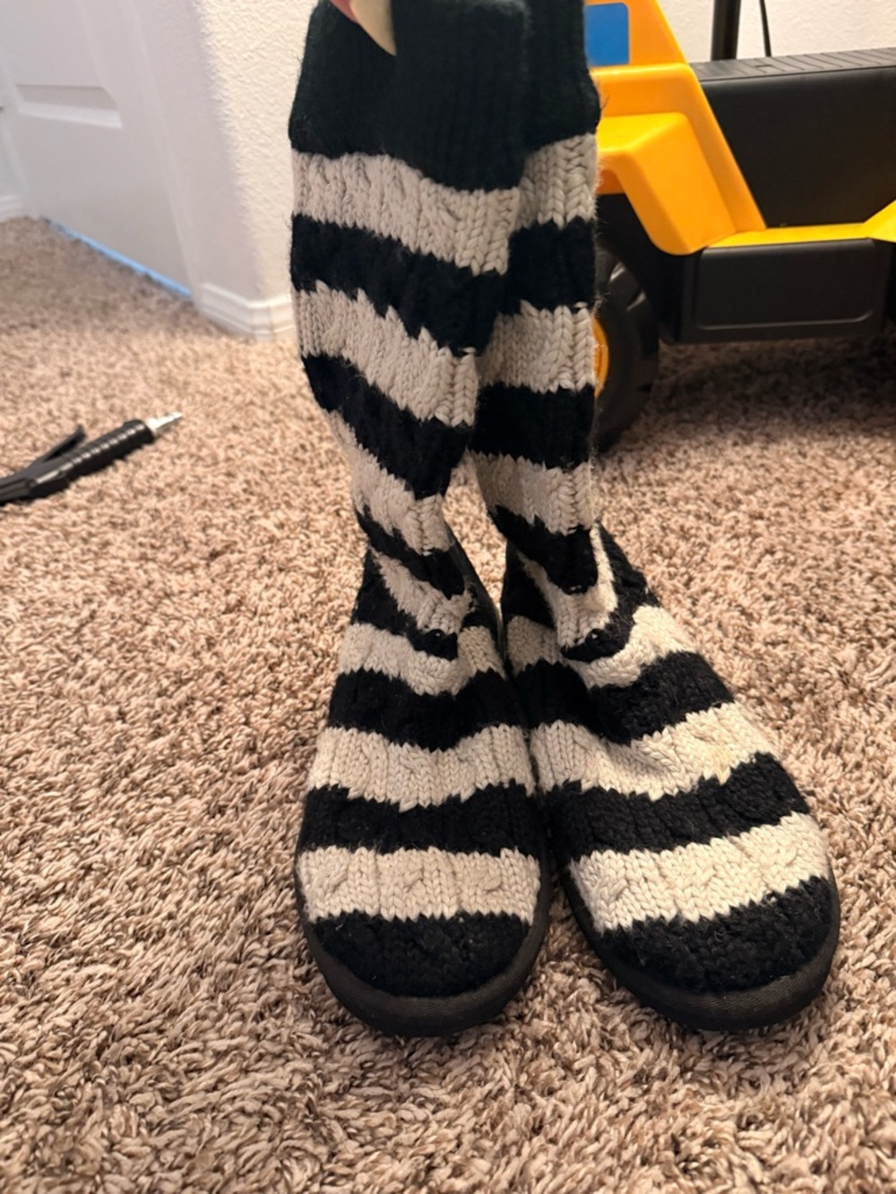 UGG Black and Cream Striped Knit Boots